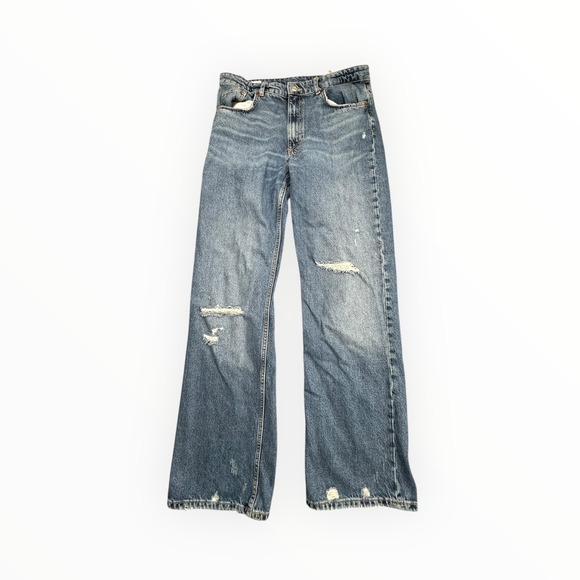 Zara Denim - Zara Jeans Womens 10 Blue Wide Leg Distressed High Rise Denim Pants 6688/334